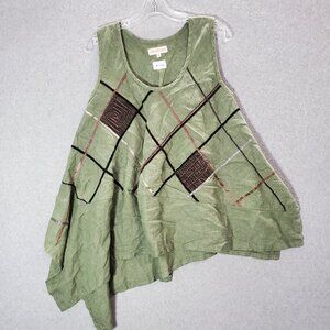 Mara Gibbucci Women Top Medium‎ Green Linen Tank Lagenlook Scoop Neck Tied Back